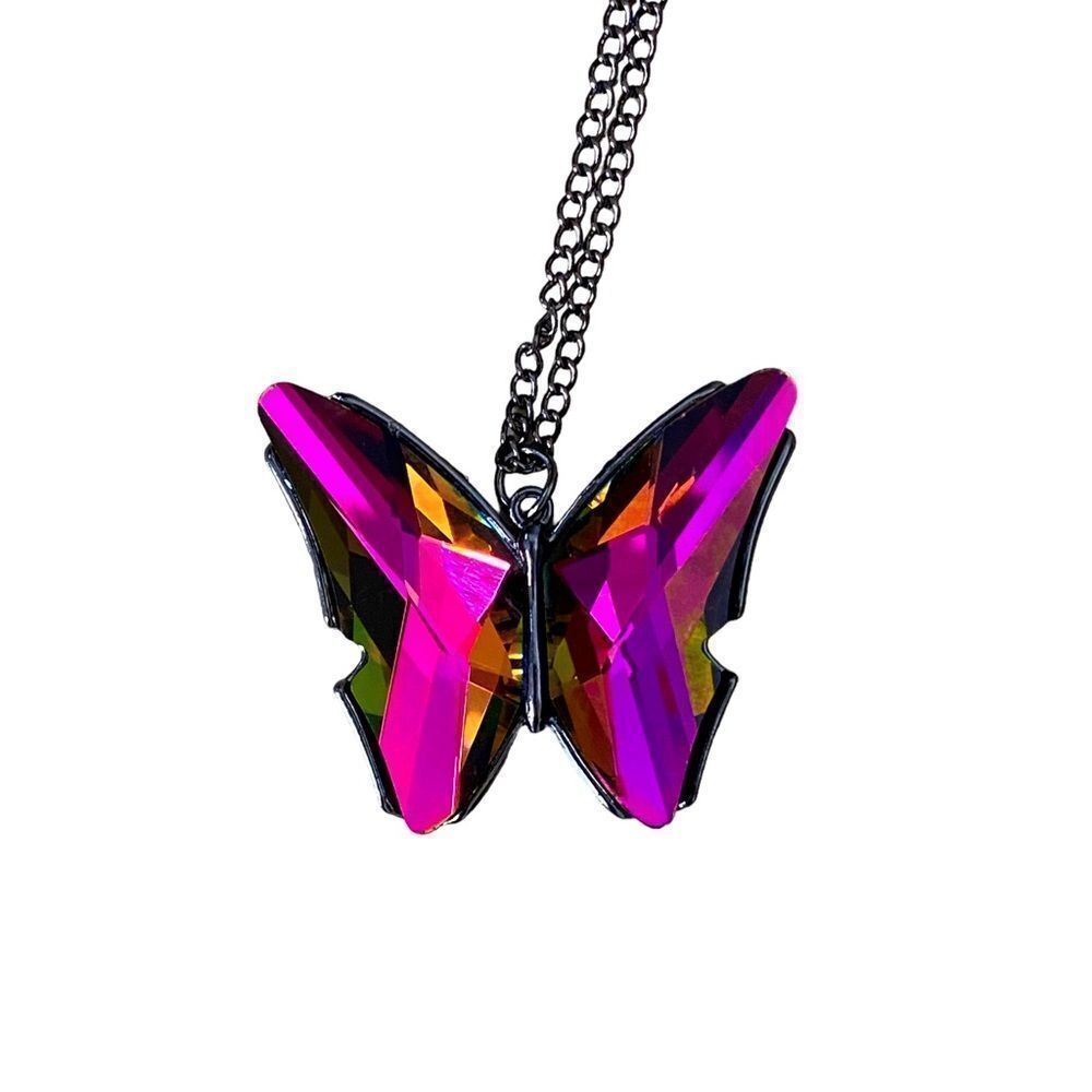 Oil Spill Butterfly Pendant Long Necklace Gunmetal Chain Costume Jewelry OSFM